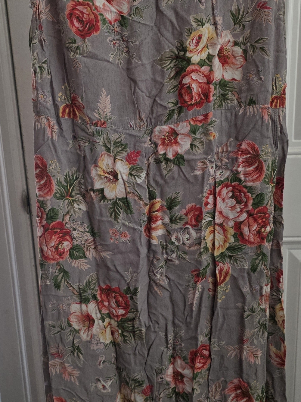 Vintage April Cornell Floral Midi Dress in Gray with Red & Green Accents